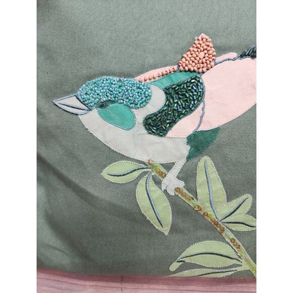 West Elm Pillow Bird Design 14”x14” Green Embellished - Picture 2 of 7
